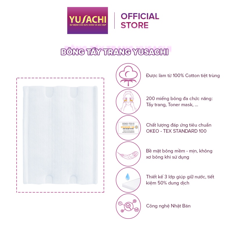 Bông tẩy trang cao cấp Yusachi Suzuran 200 miếng 100% Cotton